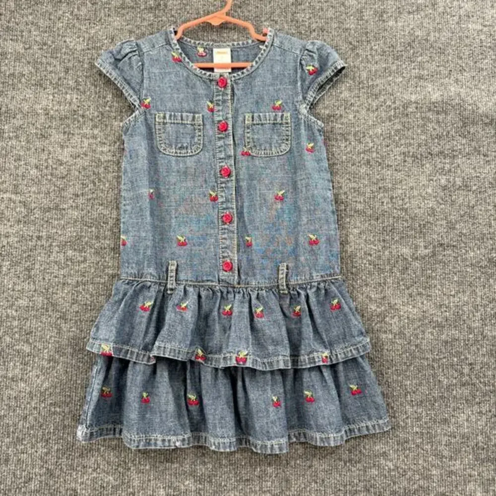 Gymboree Girls Denim Cherry Embroidered Tiered Ruffle Dress Sz 5 Drop Waist 2011